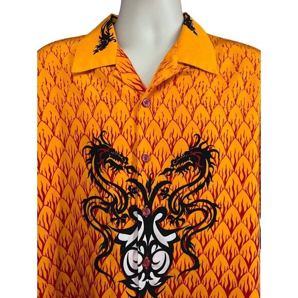 Mens Vintage Rockabilly Orange Black Embroidered Dragons Flames Button Up Shirt - Picture 4 of 7